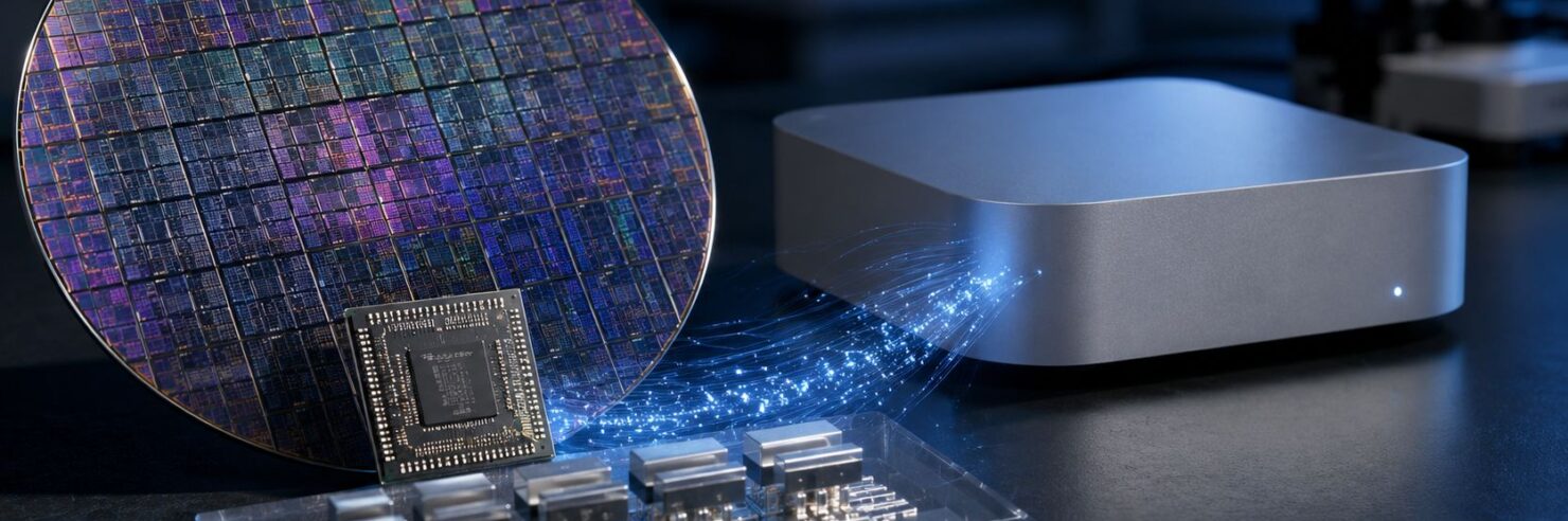 Puce avancée et Mac compact illustrant le passage au 2 nm