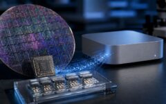 Puce avancée et Mac compact illustrant le passage au 2 nm