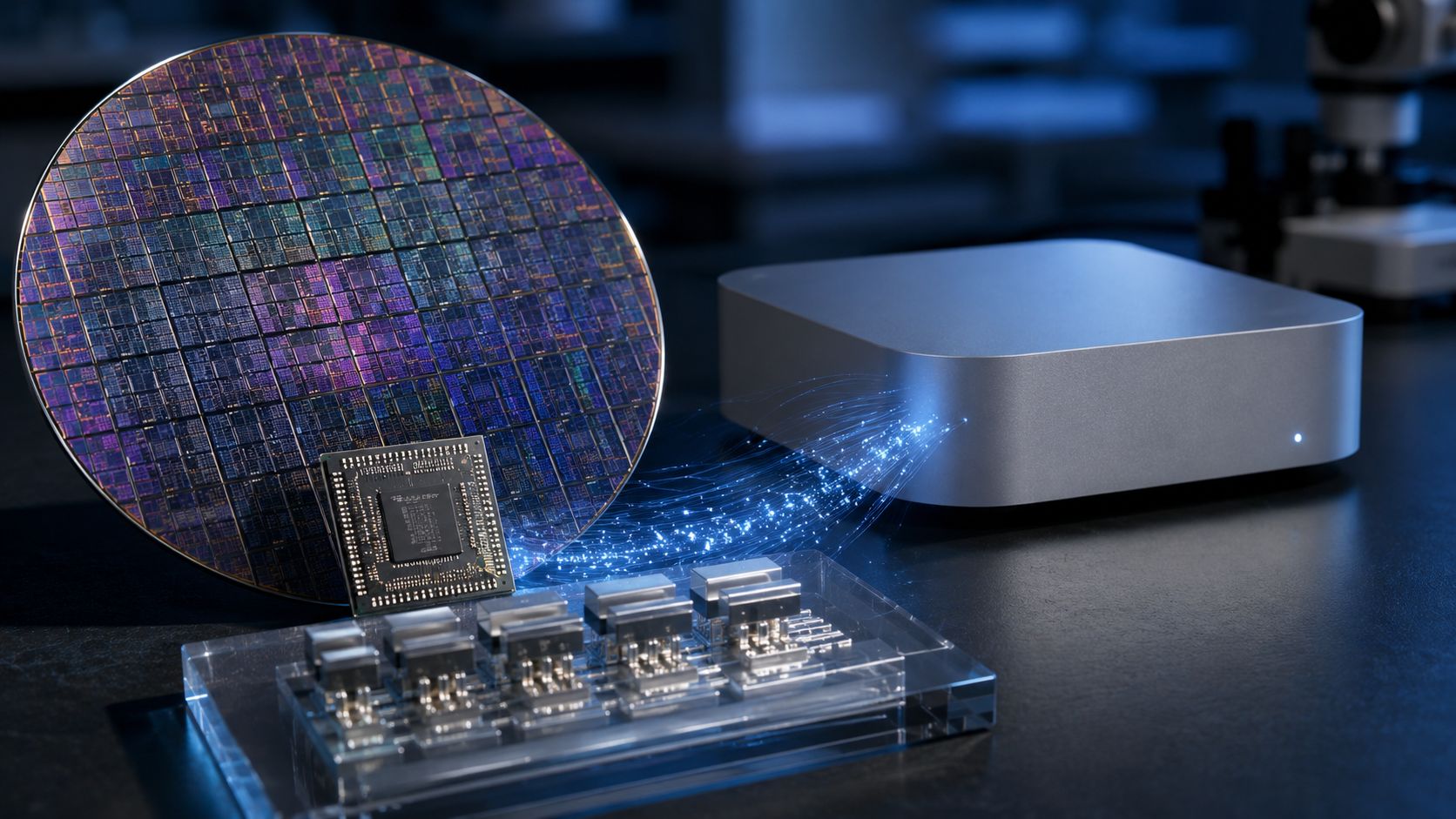 Puce avanc&eacute;e et Mac compact illustrant le passage au 2 nm