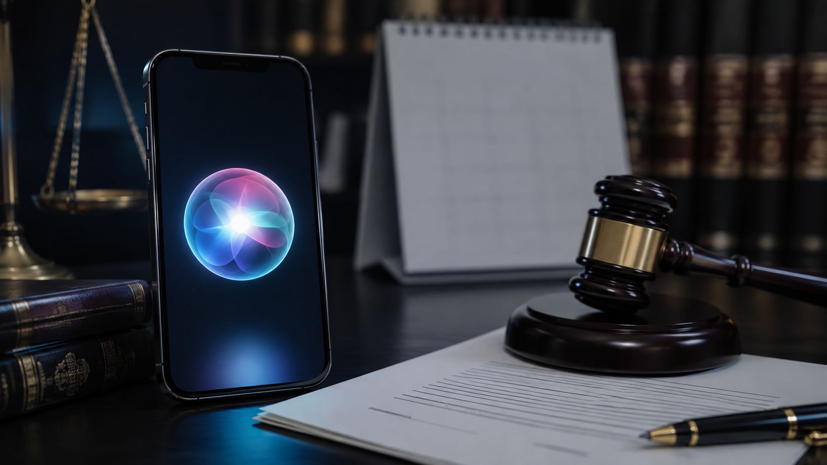 Un smartphone avec Siri pos&eacute; pr&egrave;s d'un marteau de juge et de documents juridiques