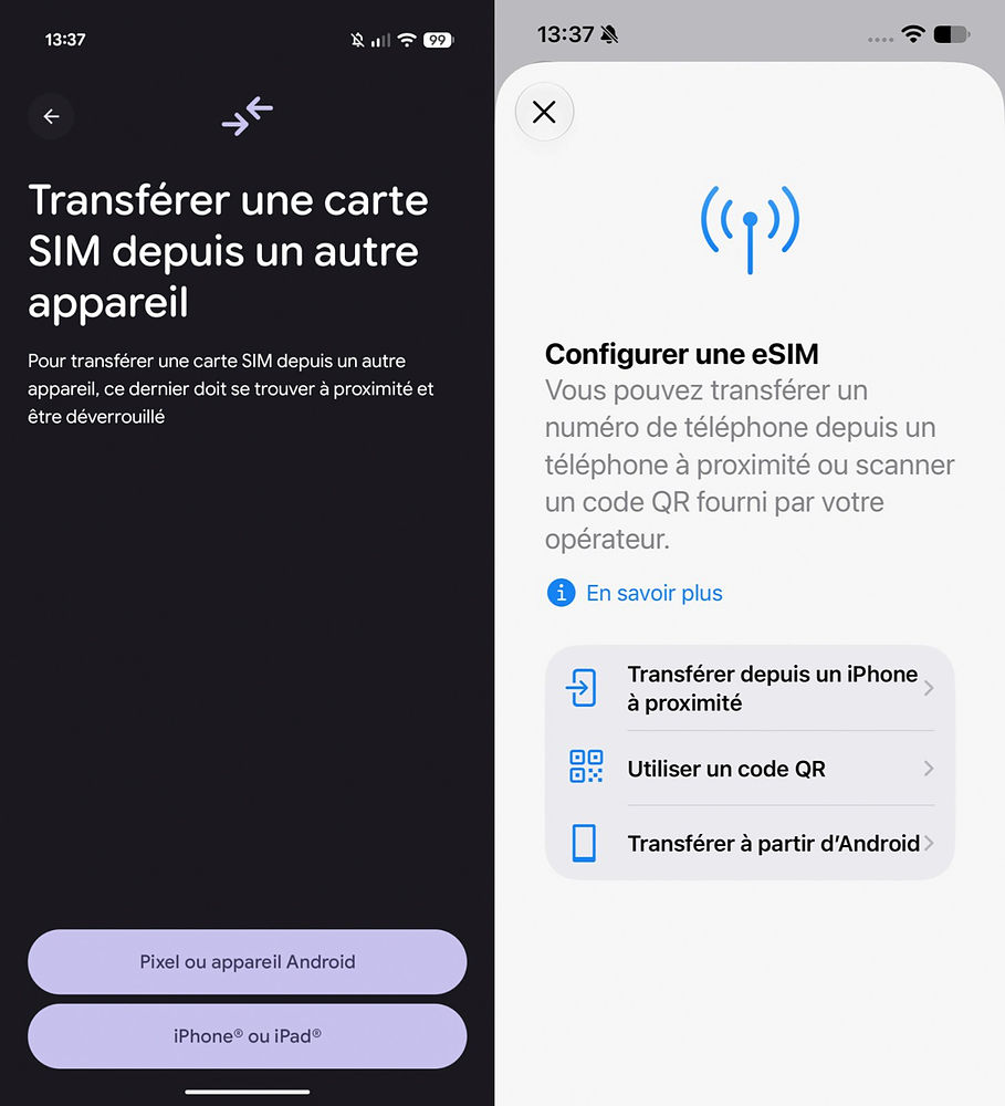 Transfert eSIM Android iPhone